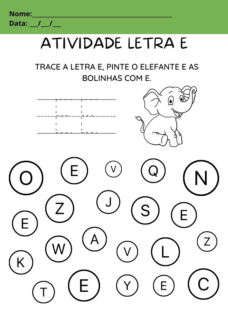 Atividade com a letra E para imprimir, pinte o elefante e as bolinhas que tem a letra E e trace a letra E