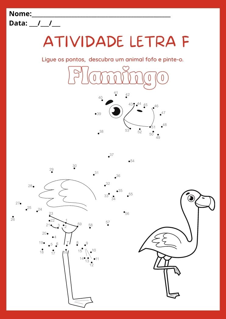 Atividade com a letra F ligue os pontos e pinte o Flamingo