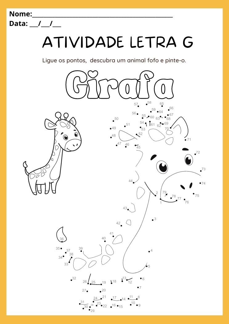 Atividade com a letra G ligue os pontos e pinte a girafa