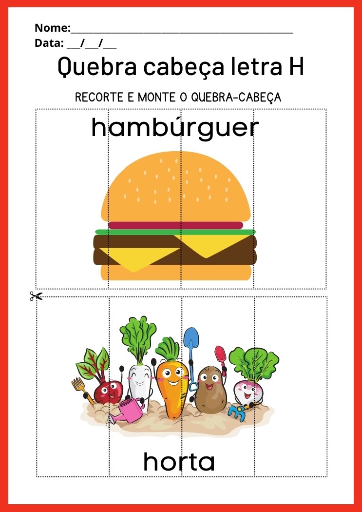 Atividade com a letra H de quebra cabeça de hambúrguer e horta para imprimir