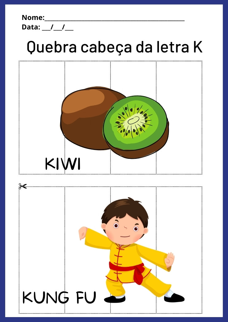 Atividade com a letra K quebra-cabeça com a letra de kiwi e kung fu para imprimir