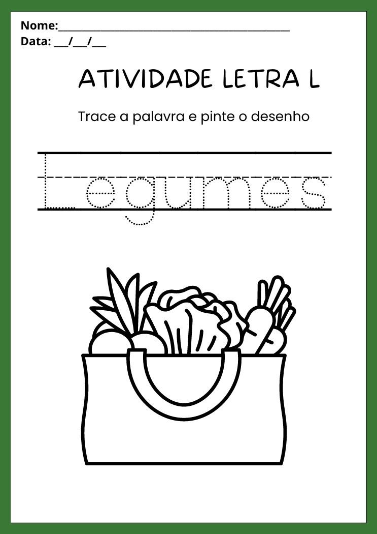 Atividade com a letra L pinte a cesta de legumes e trace a palavra para imprimir