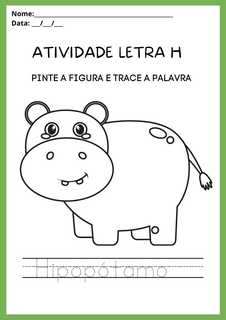 Atividade pinte o hipopótamo e trace a palavra com a letra H para imprimir