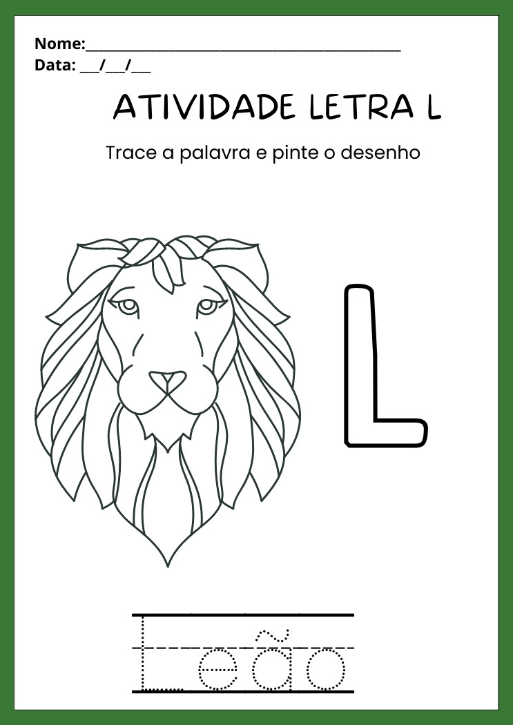 Atividade pinte o leão e a letra L e trace a palavra para imprimir