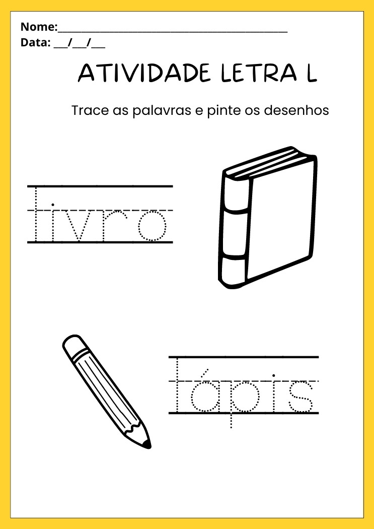 Atividade pinte o livro e o lápis e trace as palavras com a letra L para imprimir