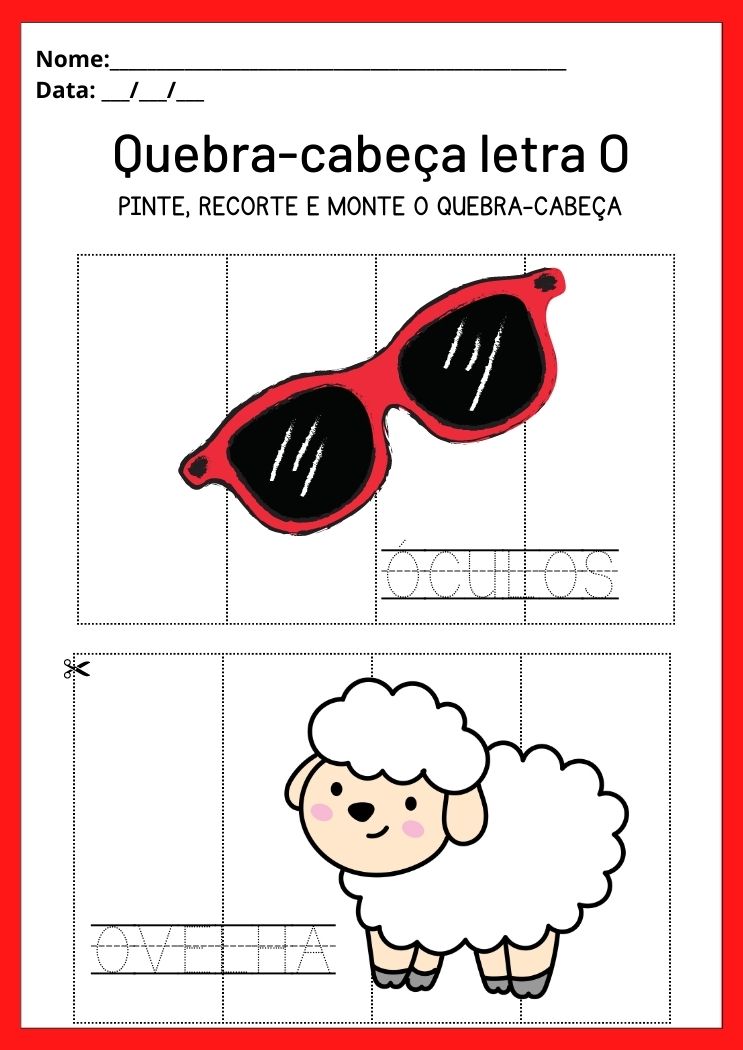 Atividade quebra-cabeça da letra O recorte e monte o óculos e a ovelha para imprimir