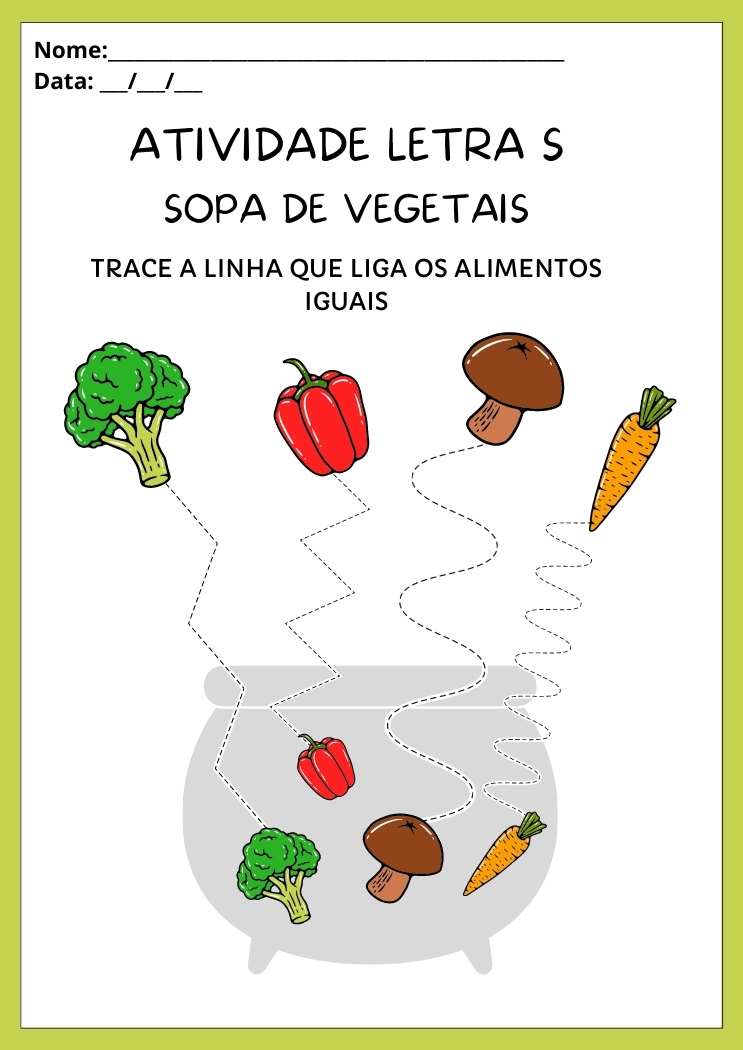 Atividade com a letra S trace as linhas que leva os vegetais até a sopa para imprimir