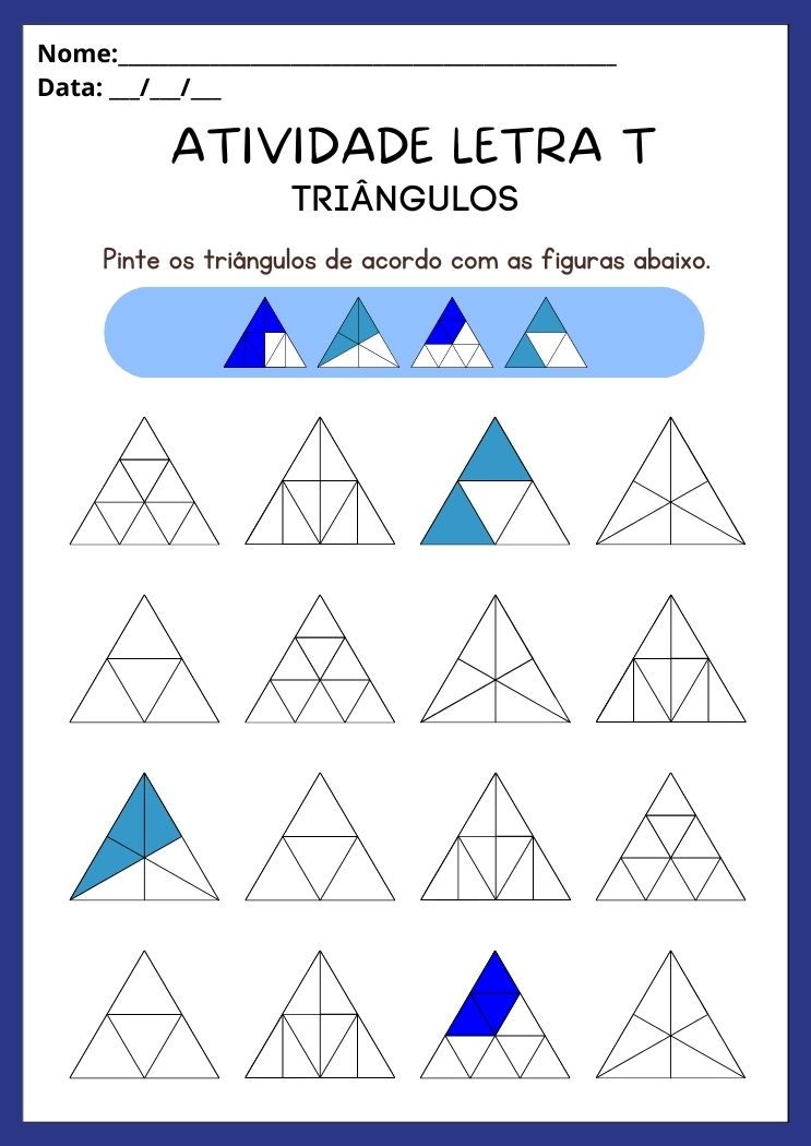 Atividade com a letra T pinte os triângulos conforme o exemplo para imprimir
