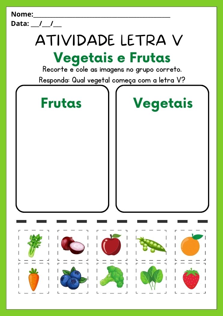Atividade com a letra V separe os vegetais das frutas para imprimir