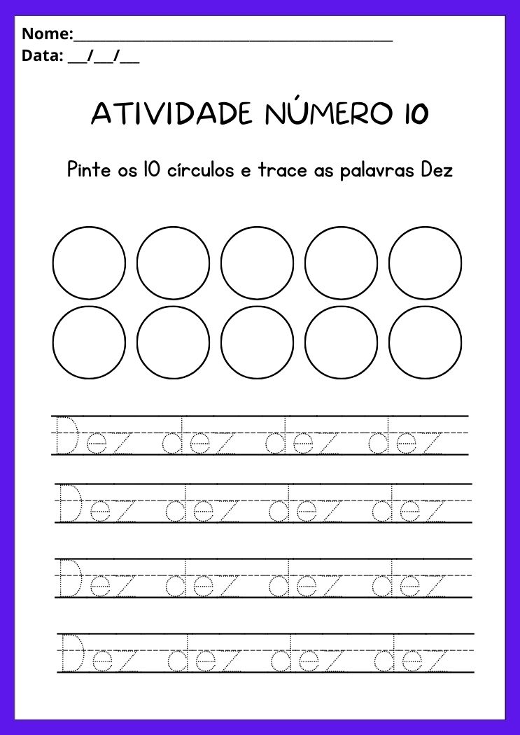 Atividade com o número 10, circule os 10 círculos e trace as palavras para imprimir