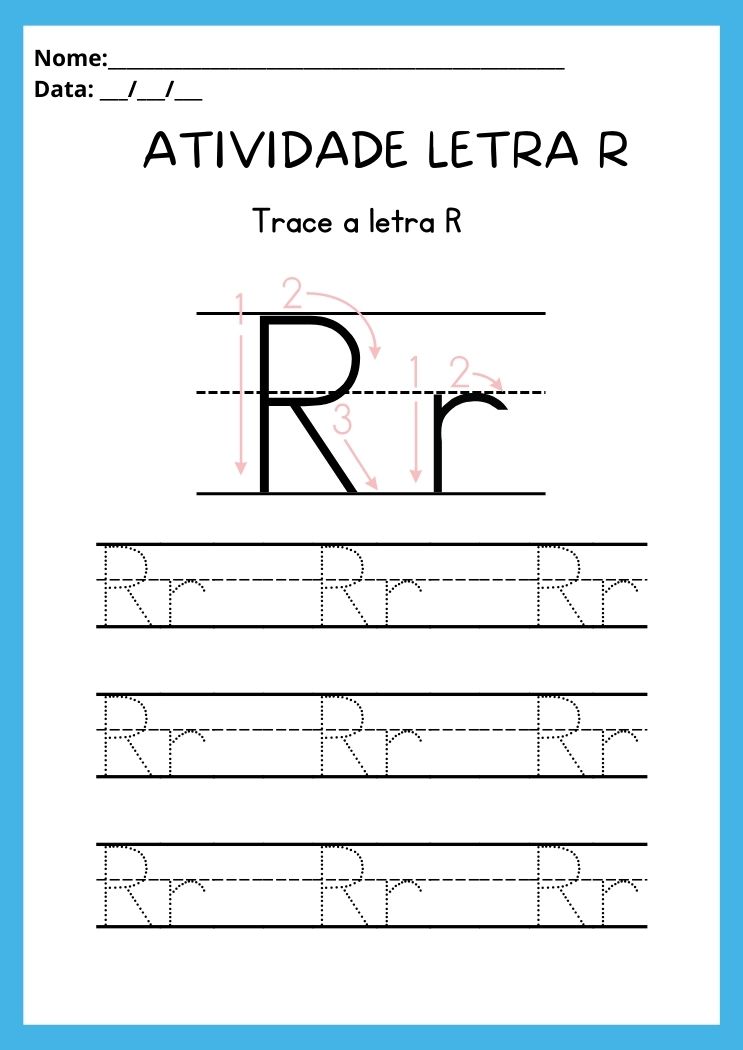Atividade de caligrafia com a letra R maiúscula e minúscula