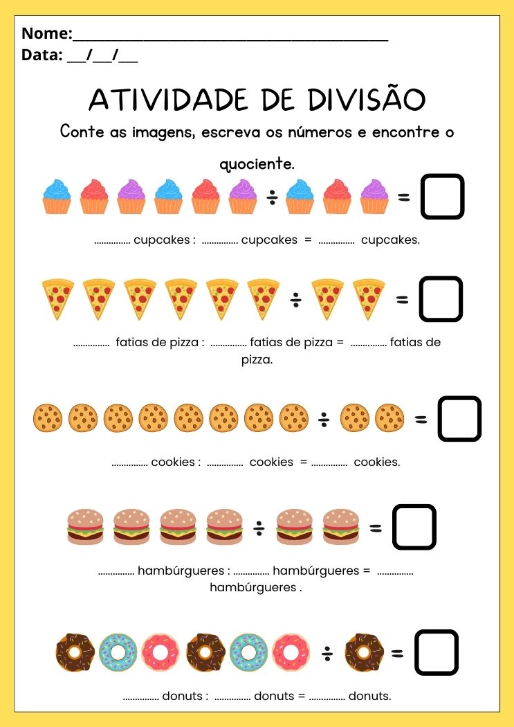 Atividade de divisão com comidas para imprimir