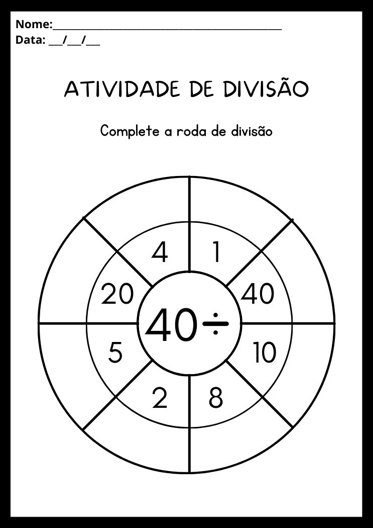 Atividade de divisão com o círculo para imprimir