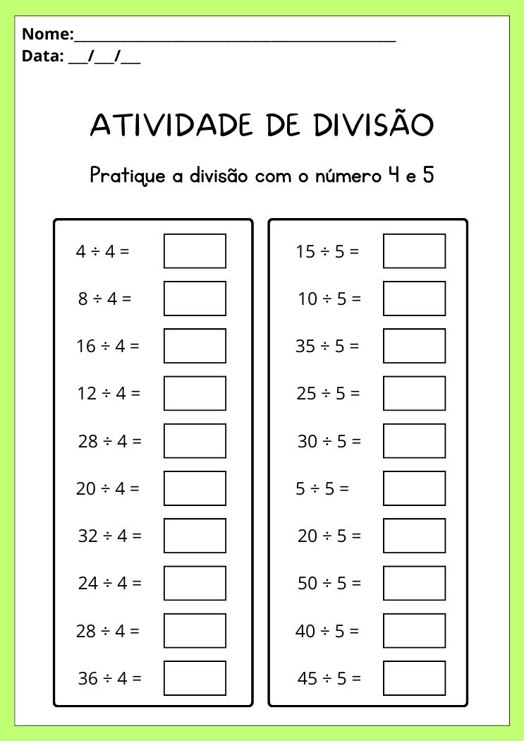 Atividade de divisão com o número 4 e 5 para imprimir