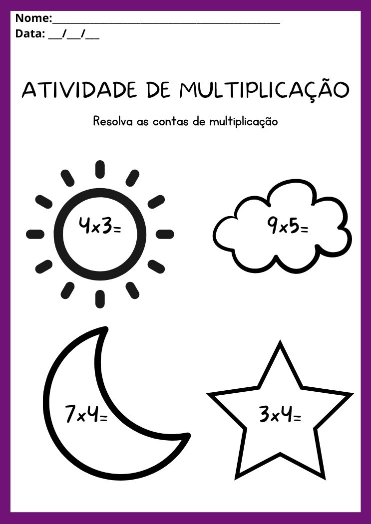 Atividade de multiplicação com sol, lua, estrela e nuvem para imprimir