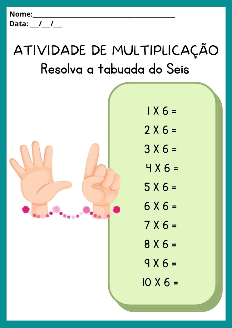 Atividade de multiplicação resolva a tabuada do seis para imprimir