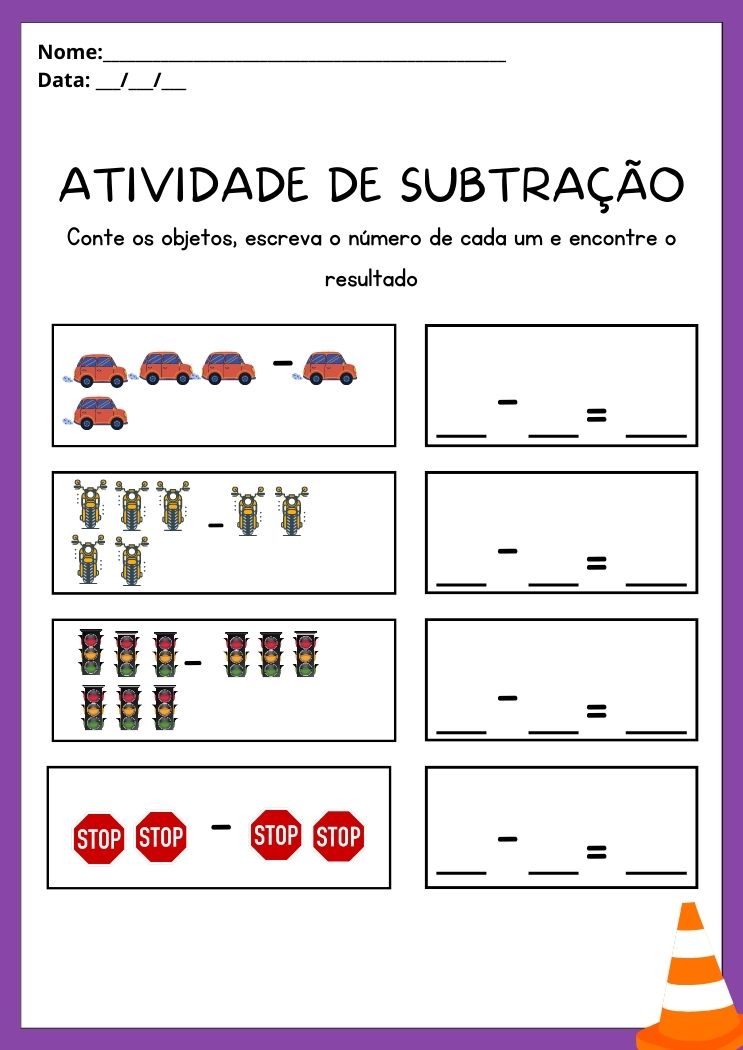 Atividade de subtração com itens de trânsito para imprimir