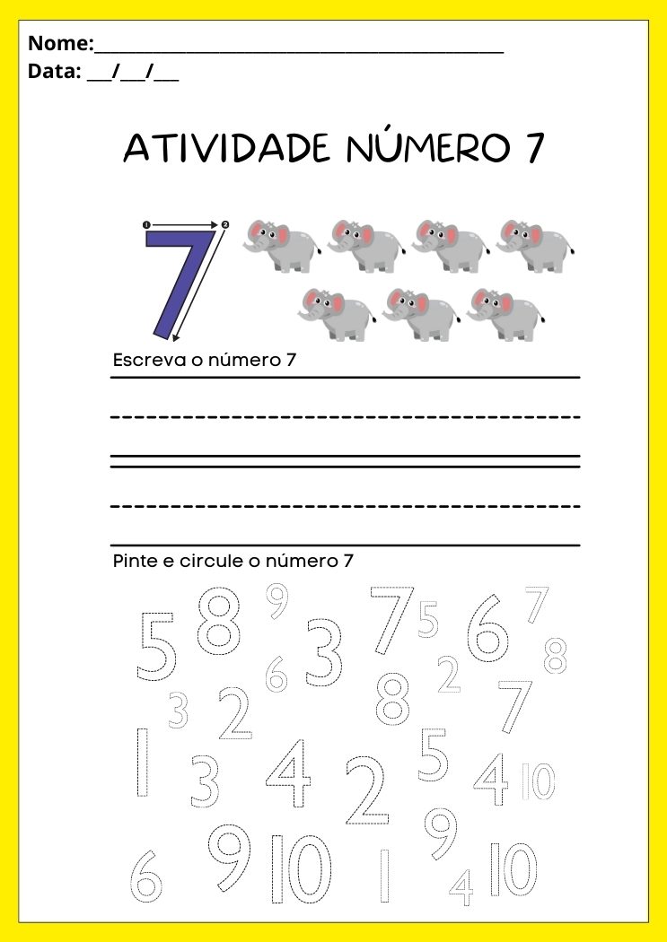 Atividade escreva o número 7 e encontre, pinte e circule todos os números 7 para imprimir