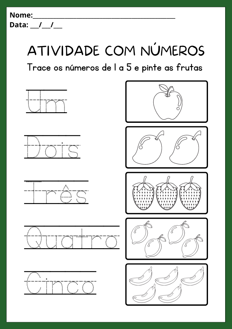 Atividade pinte as figuras de frutas e trace os números de 1 a 5 para imprimir