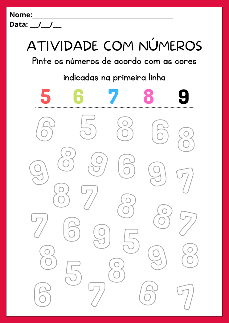 Atividade pinte os números de 5 a 9 com as cores indicadas na legenda