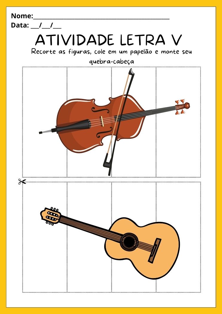 Atividade quebra-cabeça com a letra V recorte e monte o violoncelo e o violão para imprimir