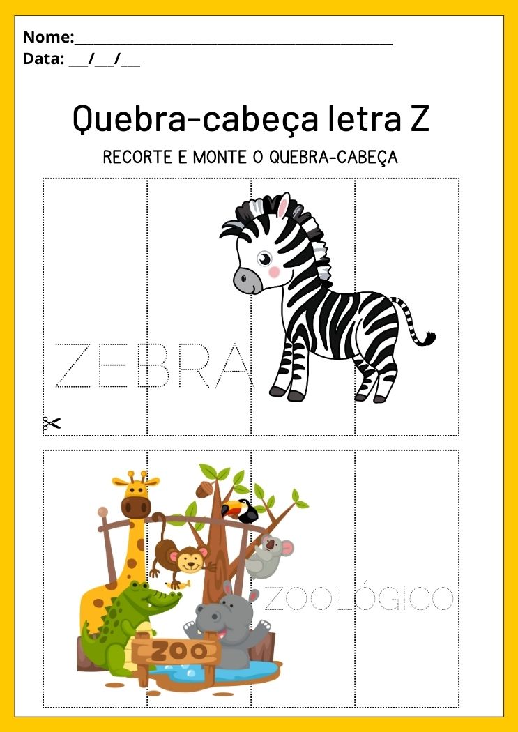 Atividade quebra-cabeça com a letra Z recorte e monte a zebra e o zoológico para imprimir