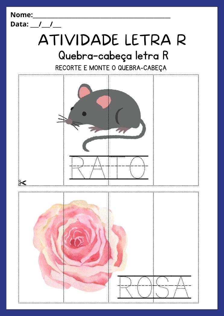 Atividade quebra-cabeça da letra R recorte e monte o rato e a rosa para imprimir