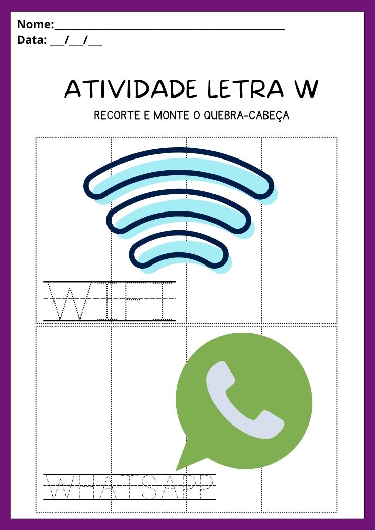 Atividade quebra-cabeça da letra W recorte e monte o sinal de wifi e o símbulo do whatsapp