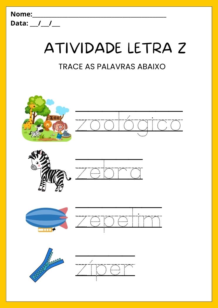 Atividade trace as palavras que começam com a letra Z para imprimir