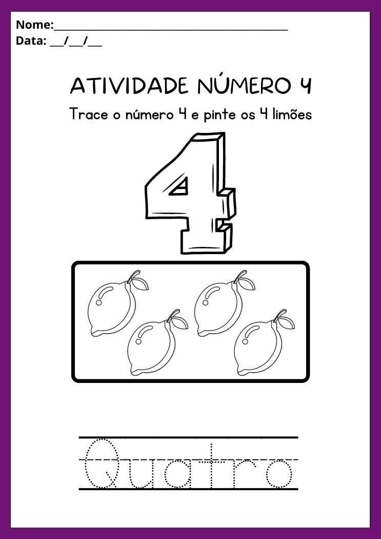 Atividades com o número 4 trace a palavra e pinte os 4 limões para imprimir