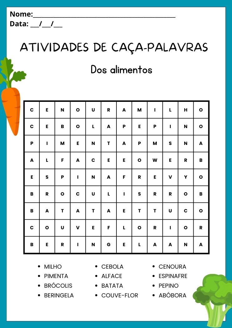 Atividades de caça palavras para 1º, 2º E 3º ano dos Alimentos para imprimir