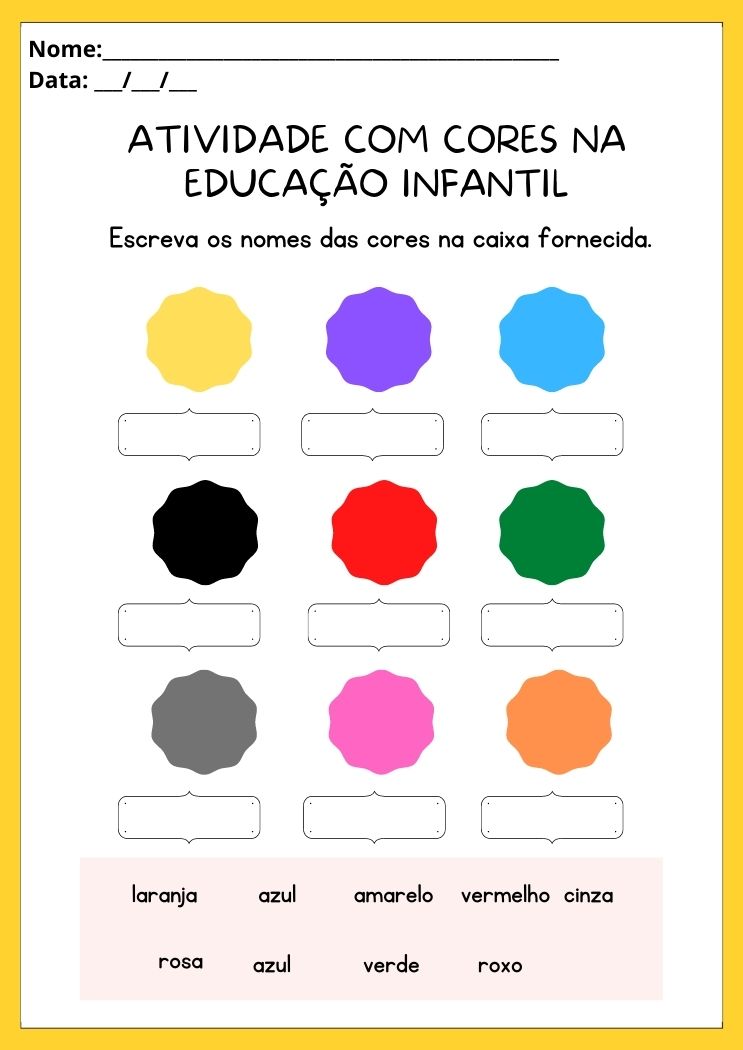 Atividade com cores na educação infantil escreva o nome da cor correta para imprimir