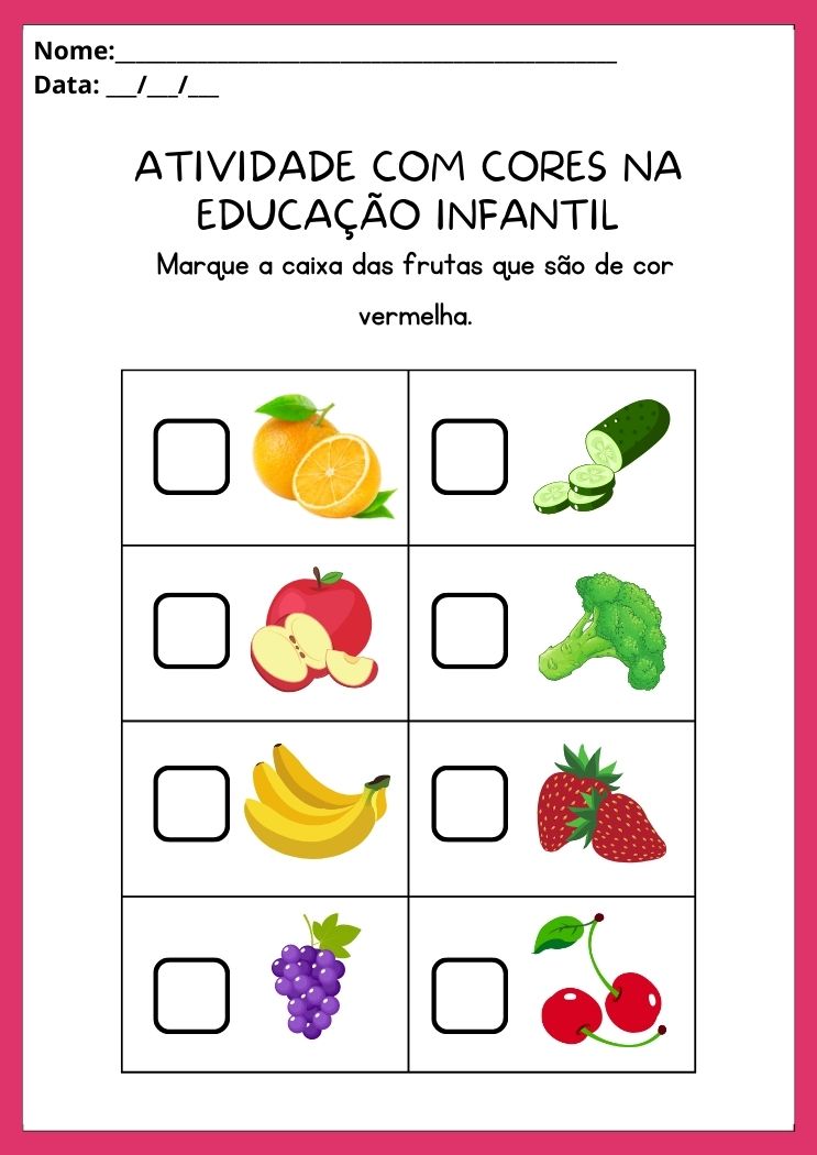 Atividade com cores na educação infantil marque com x as frutas que são vermelhas para imprimir
