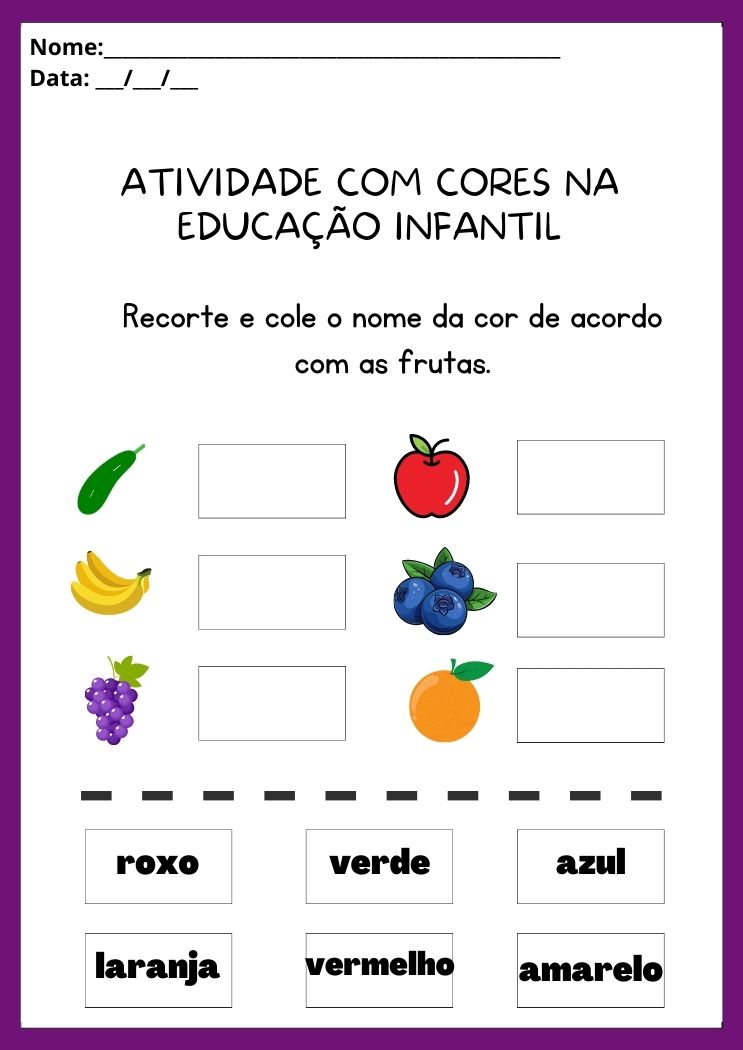 Atividade com cores na educação infantil recorte as cores e cole-as na fruta que tem a mesma cor para imprimir