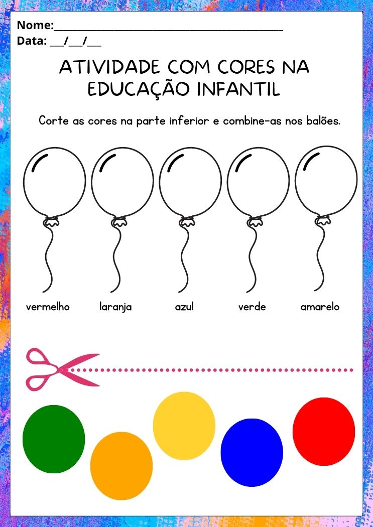 Atividade com cores na educação infantil recorte as cores e cole-as no balão correto para imprimir