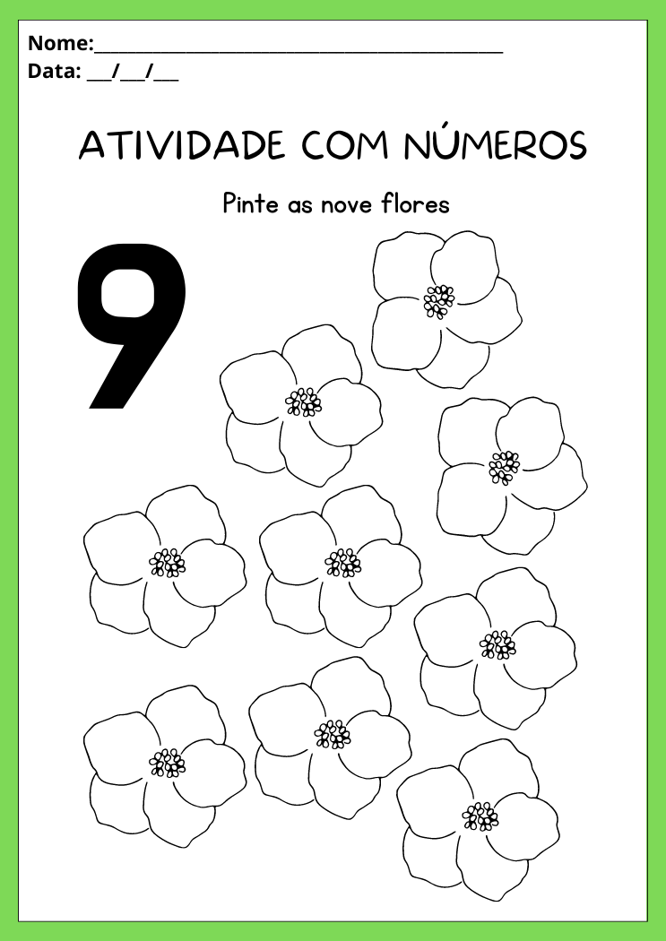 Atividade com o número 9 pinte nove flores para imprimir