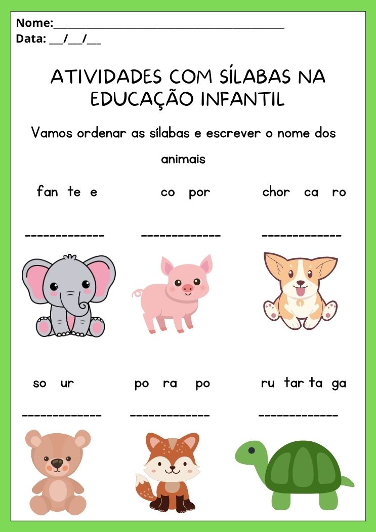 Atividade com sílabas na educação Infantil coloque as sílabas em ordem e escreva o nome dos animais para imprimir