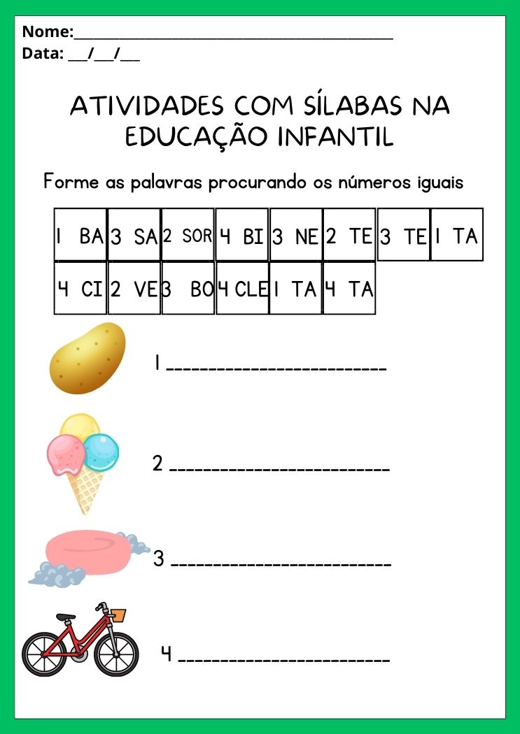 Atividade com sílabas na educação Infantil forme as palavras procurando os números iguais para imprimir