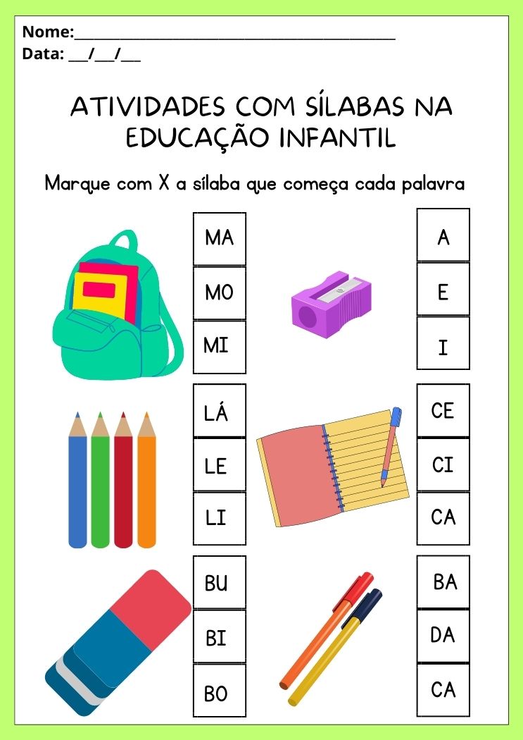 Atividade com sílabas na educação Infantil marque um x na sílaba inicial de cada figura para imprimir