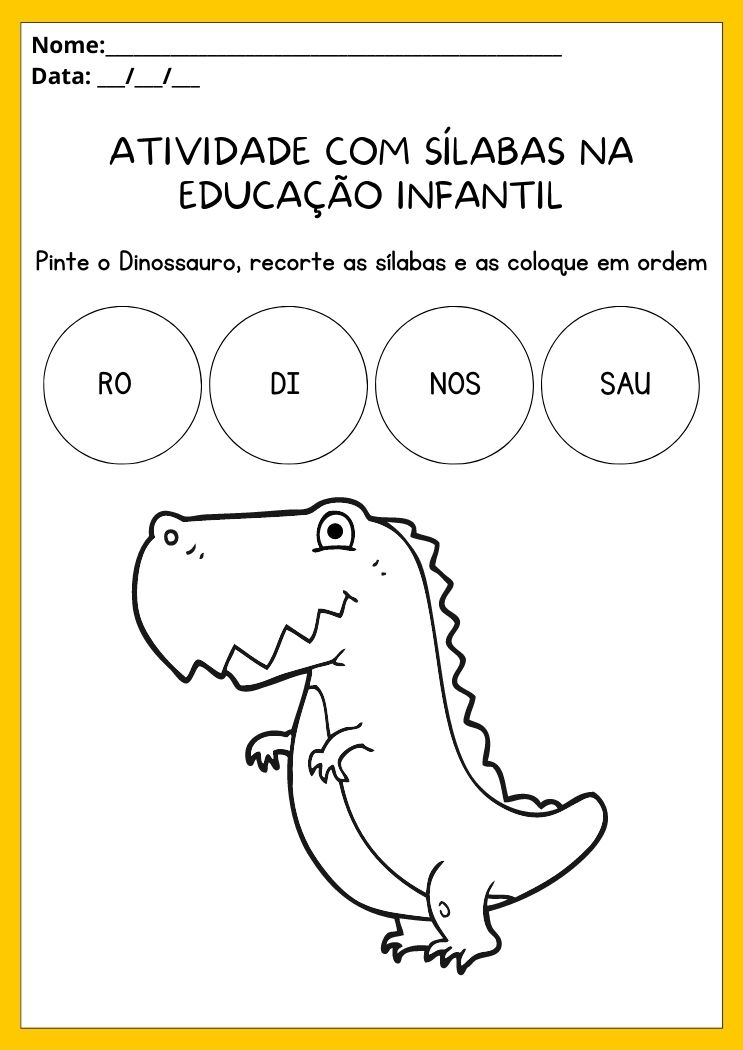 Atividade com sílabas na educação Infantil organize as sílabas do dinossauro e pinte-o para imprimir