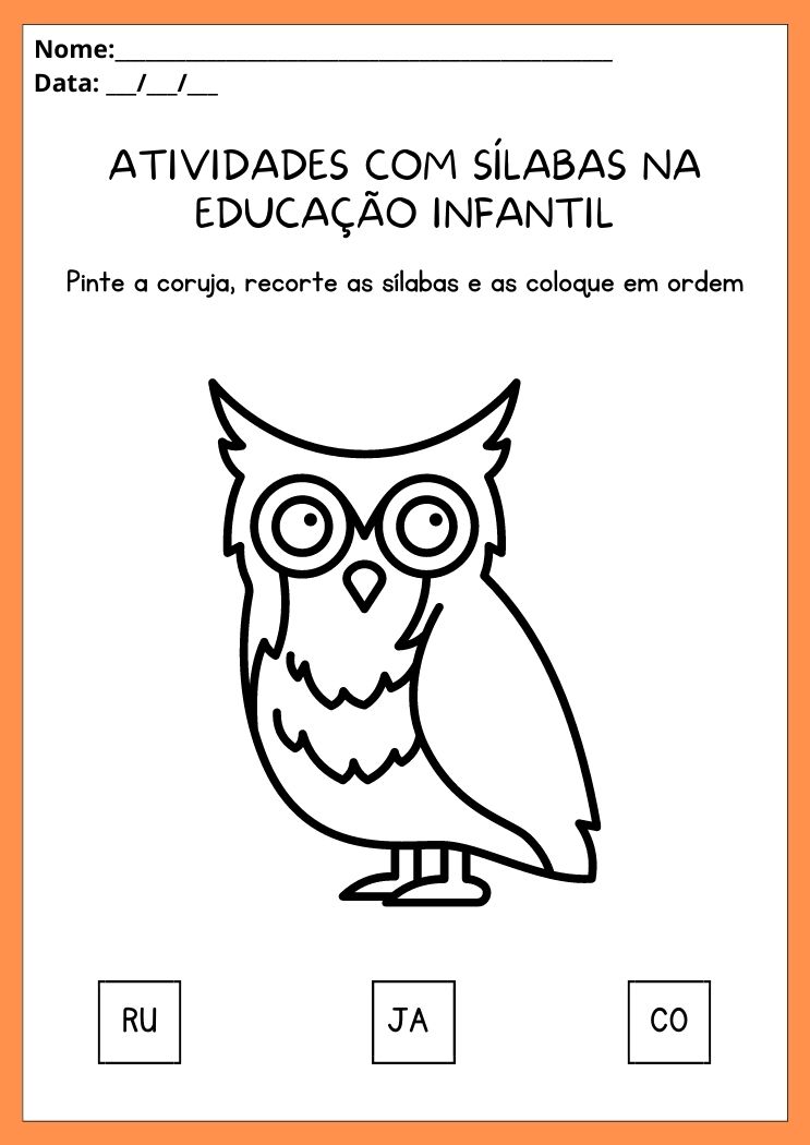 Atividade com sílabas na educação Infantil pinte a coruja e recorte e cole as sílabas corretamente para imprimir