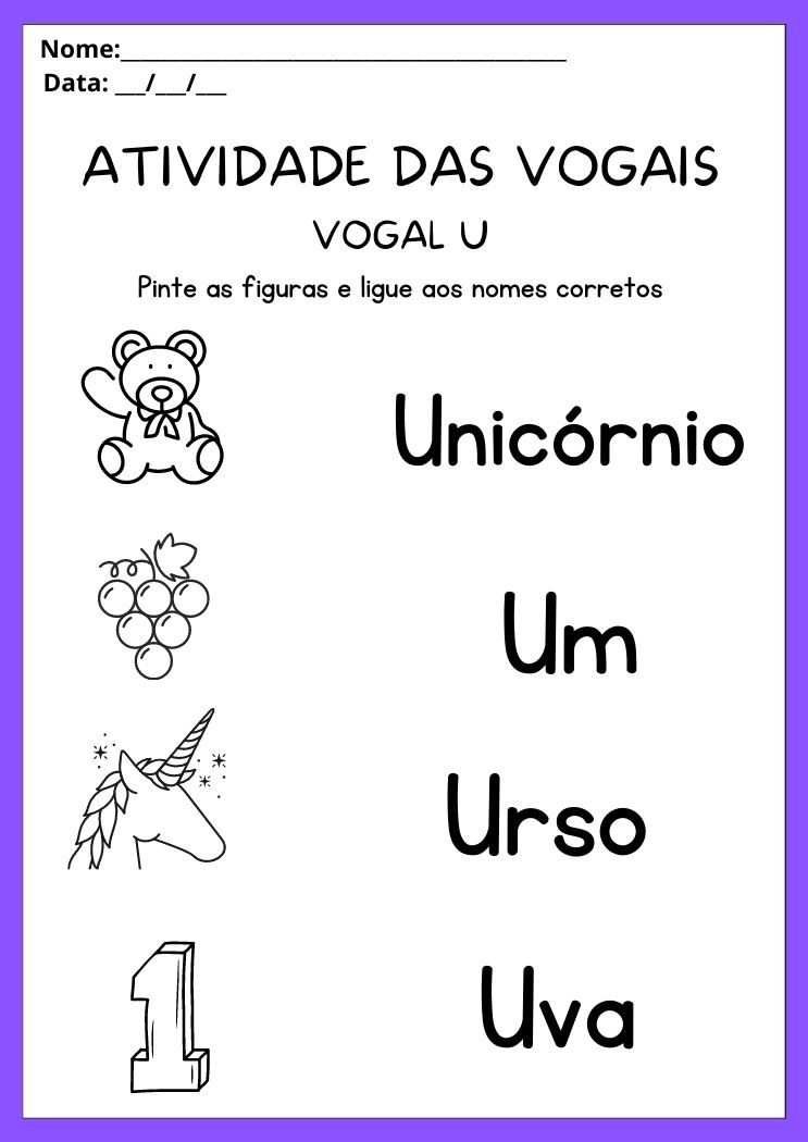 Atividade das vogais pinte as figuras que começam com a vogal U e ligue-as ao nome correto para imprimir
