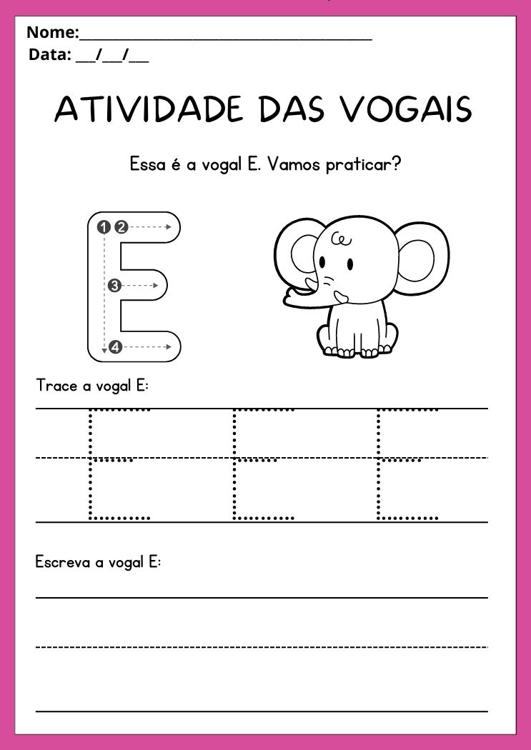 Atividade das vogais pinte o elefante e pratique a vogal E para imprimir