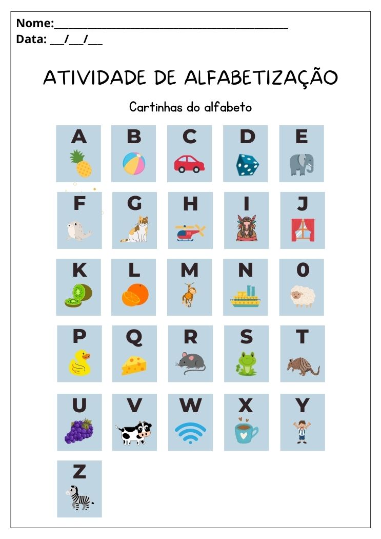 Atividade de alfabetização cartinhas do alfabeto com figuras para imprimir