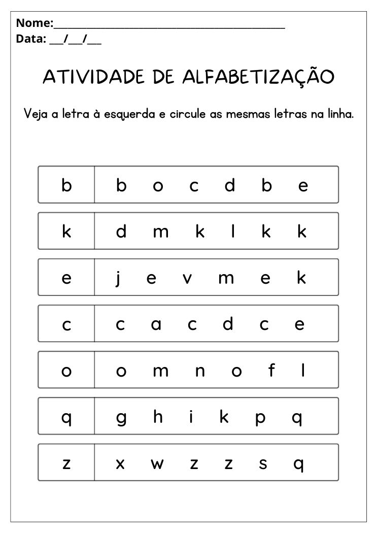 Atividade de alfabetização circule as letras iguais da linha da esquerda para imprimir