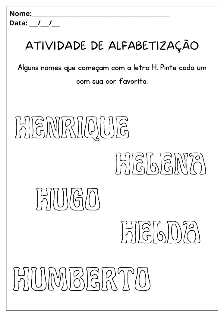 Atividade de alfabetização com a letra H para imprimir