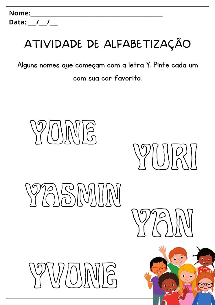 Atividade de alfabetização com a letra Y para imprimir