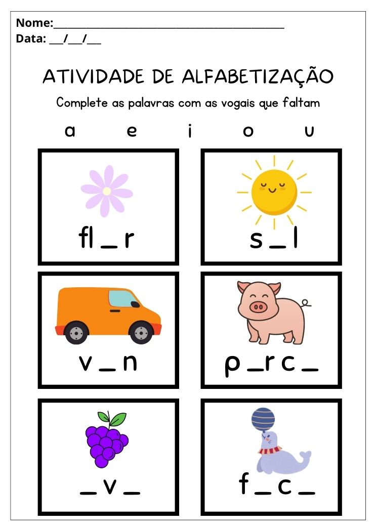 Atividade de alfabetização complete as palavras com as vogais que faltam para imprimir