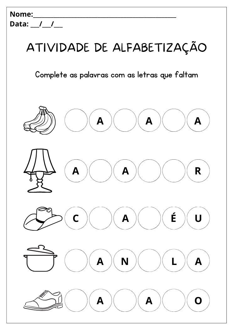 Atividade de alfabetização complete palavras com as letras que faltam e pinte as figuras para imprimir