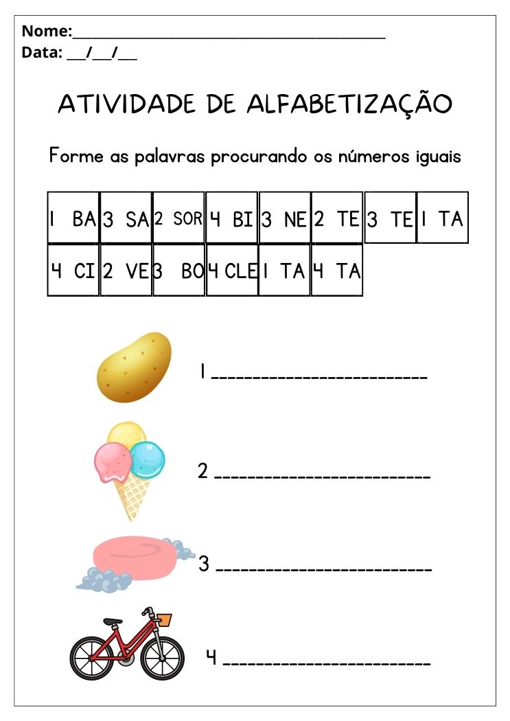 Atividade de alfabetização forme as palavras unindo as sílabas de números inicias para imprimir
